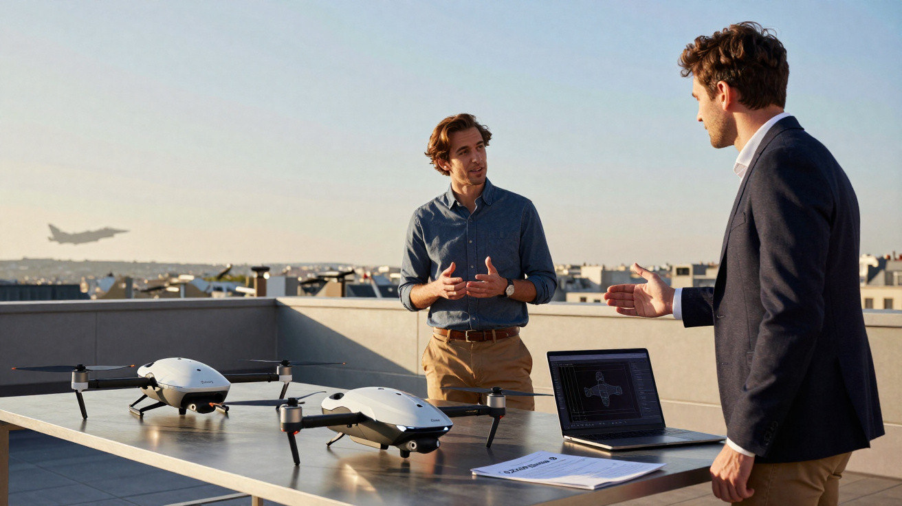 Dois homens discutem projeto de drones em mesa com laptop, documentos e avião a descolar ao fundo.