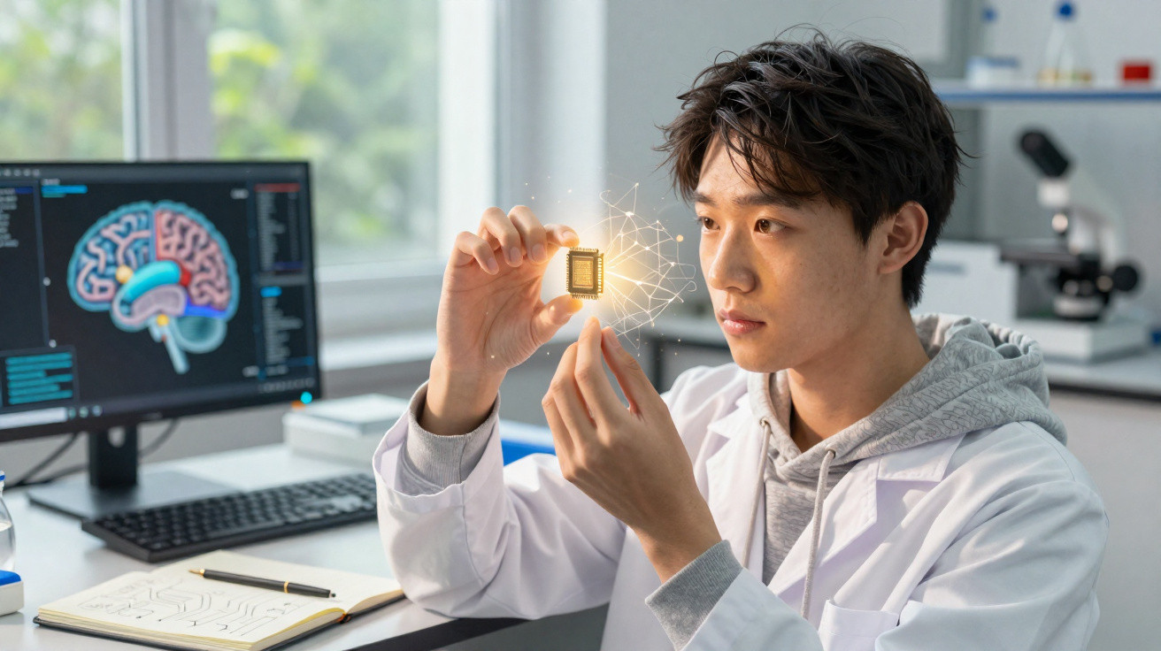 Cientista com bata branca analisa microchip brilhante numa sala de laboratório moderna com ecrã de cérebro digital.