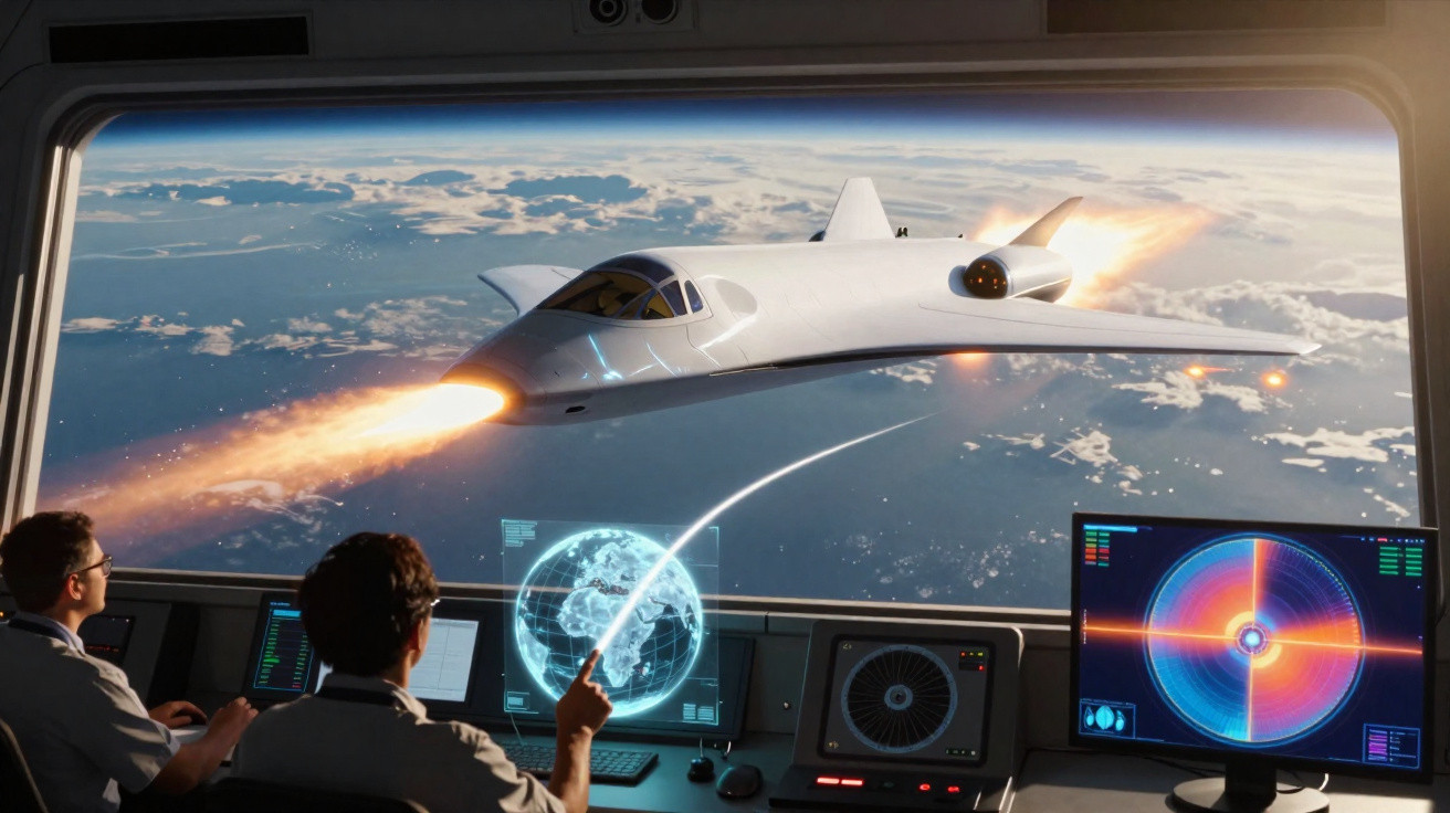Pessoas a observar um avião futurista a jato através de uma janela com gráficos digitais e radar.