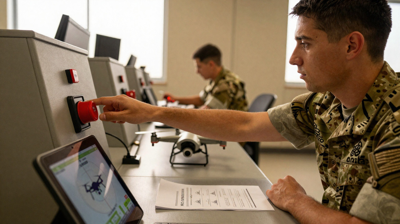 Militar em uniforme a premir botão vermelho num comando de simulação de drone em sala de formação.