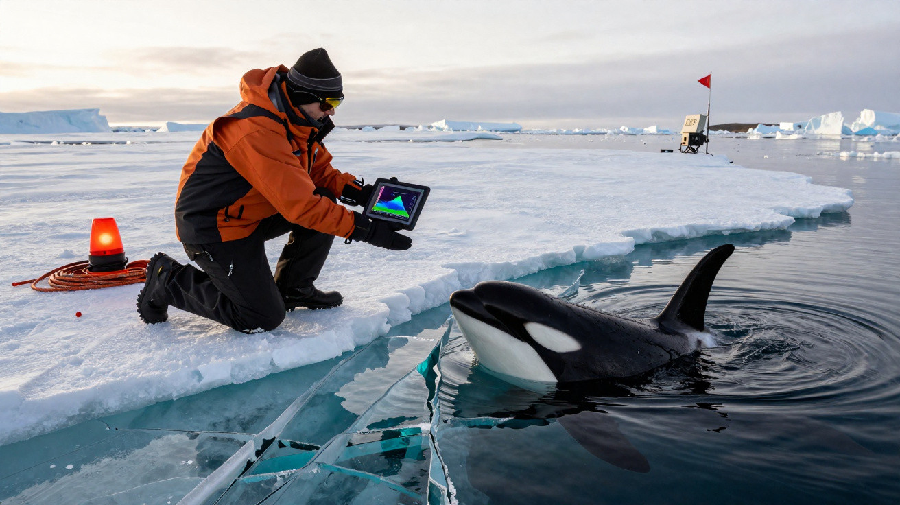 Cientista com equipamento recolhe dados junto a uma orca junto a bloco de gelo no mar gelado.