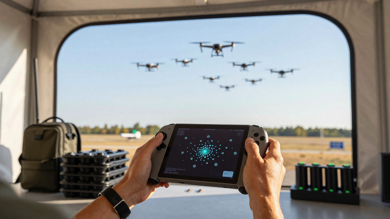 Pessoa a controlar um enxame de drones com um comando digital dentro de uma estrutura aberta.