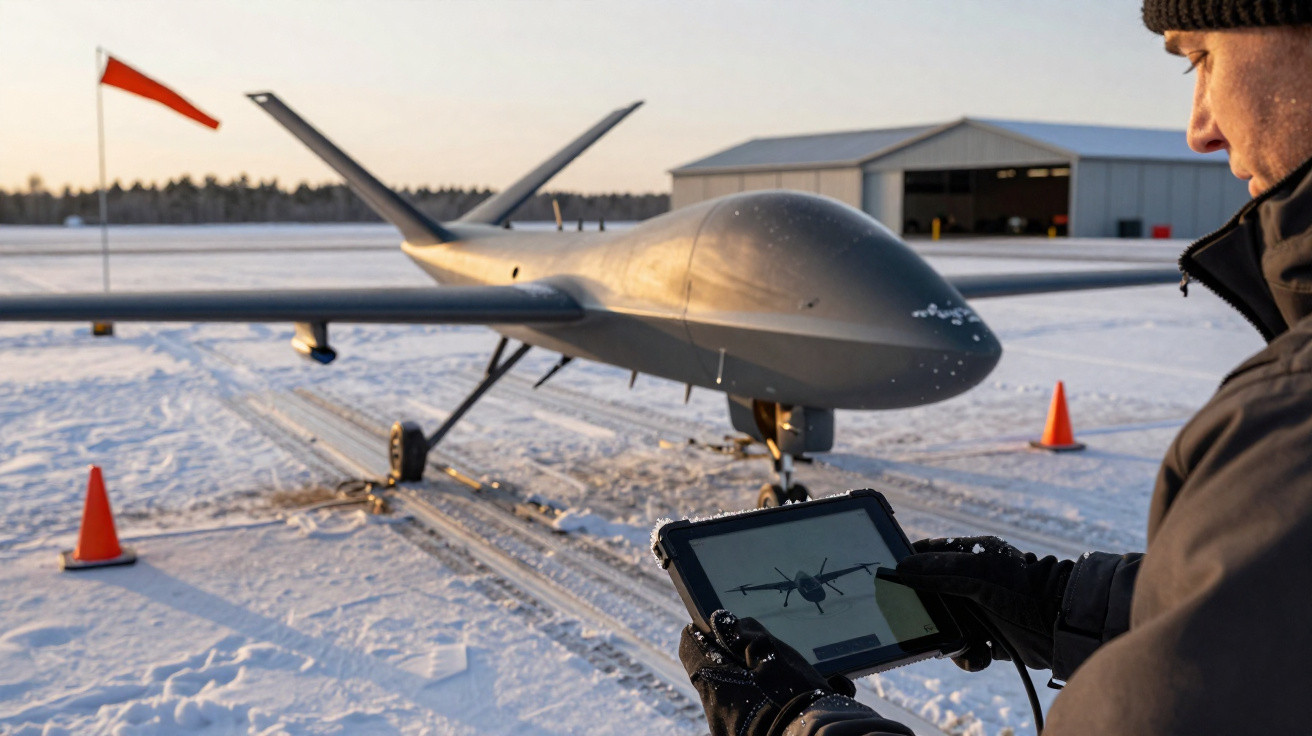Homem com tablet controla drone cinzento em pista de neve perto de hangar e cones laranja.