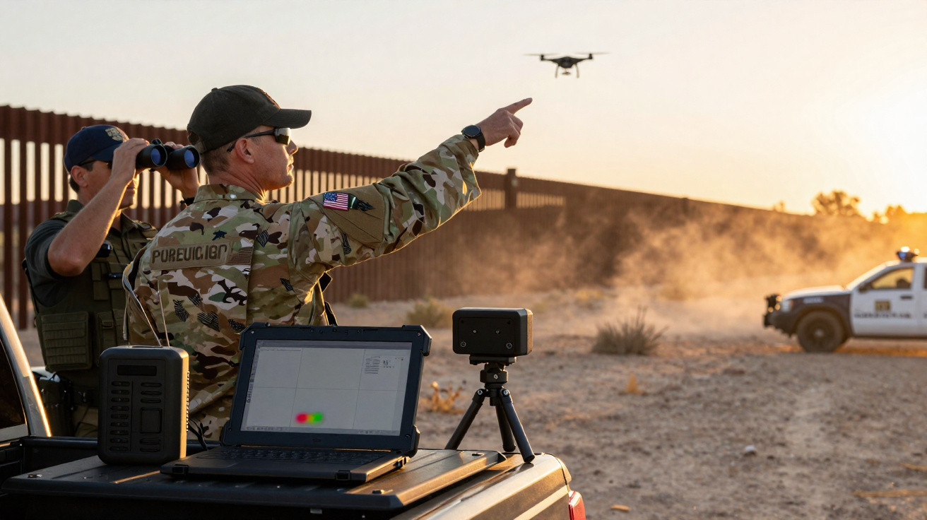Agentes da autoridade vigiam e controlam um drone junto a uma cerca fronteiriça ao pôr do sol.