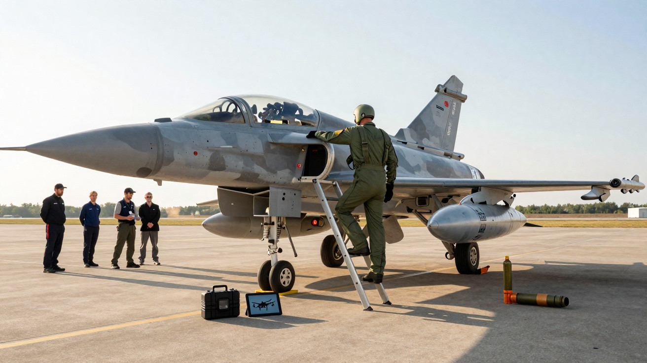 Piloto militar sobe escada para entrar em caça camuflado estacionado num aeródromo com quatro pessoas observando.