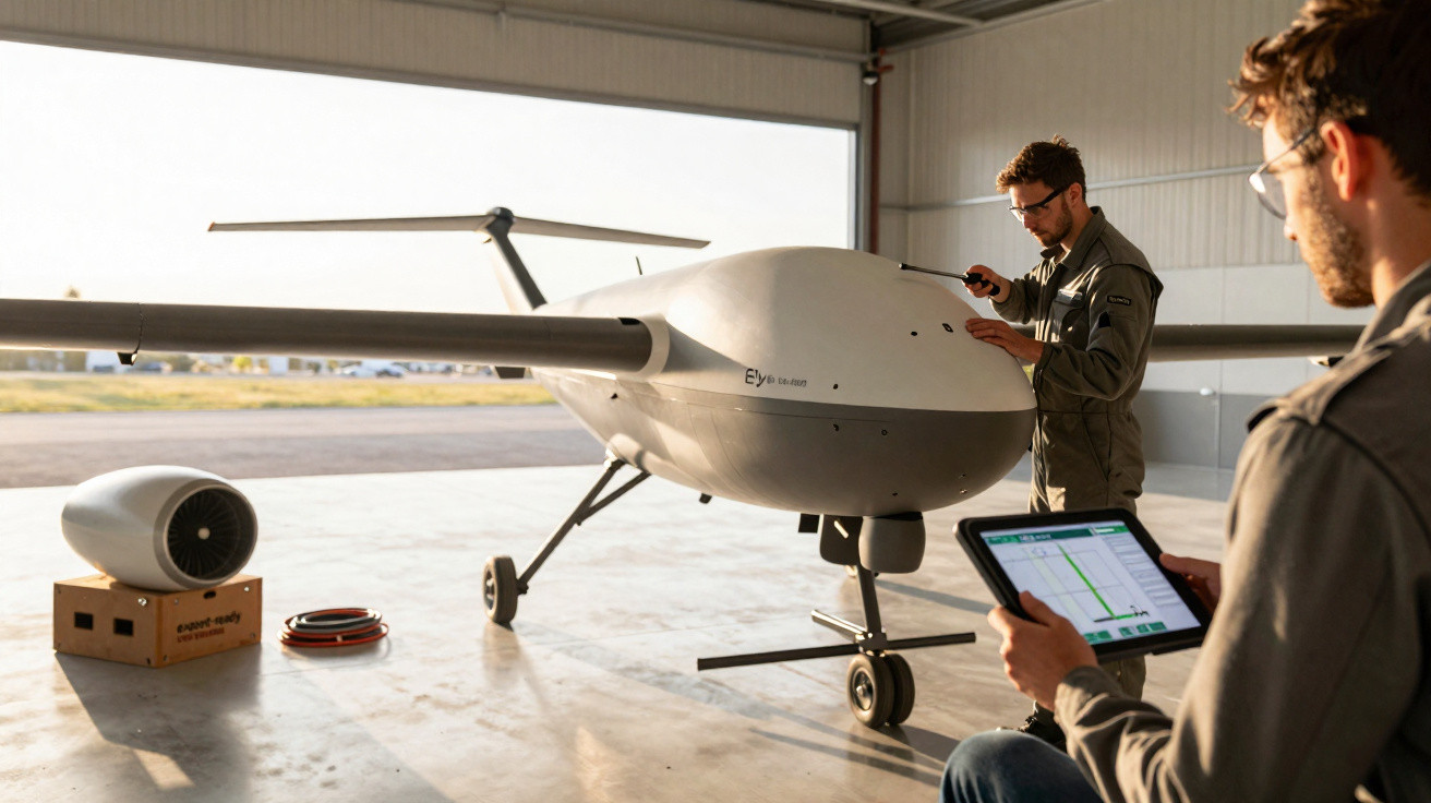 Dois técnicos inspecionam e monitorizam um drone em hangar com luz natural.