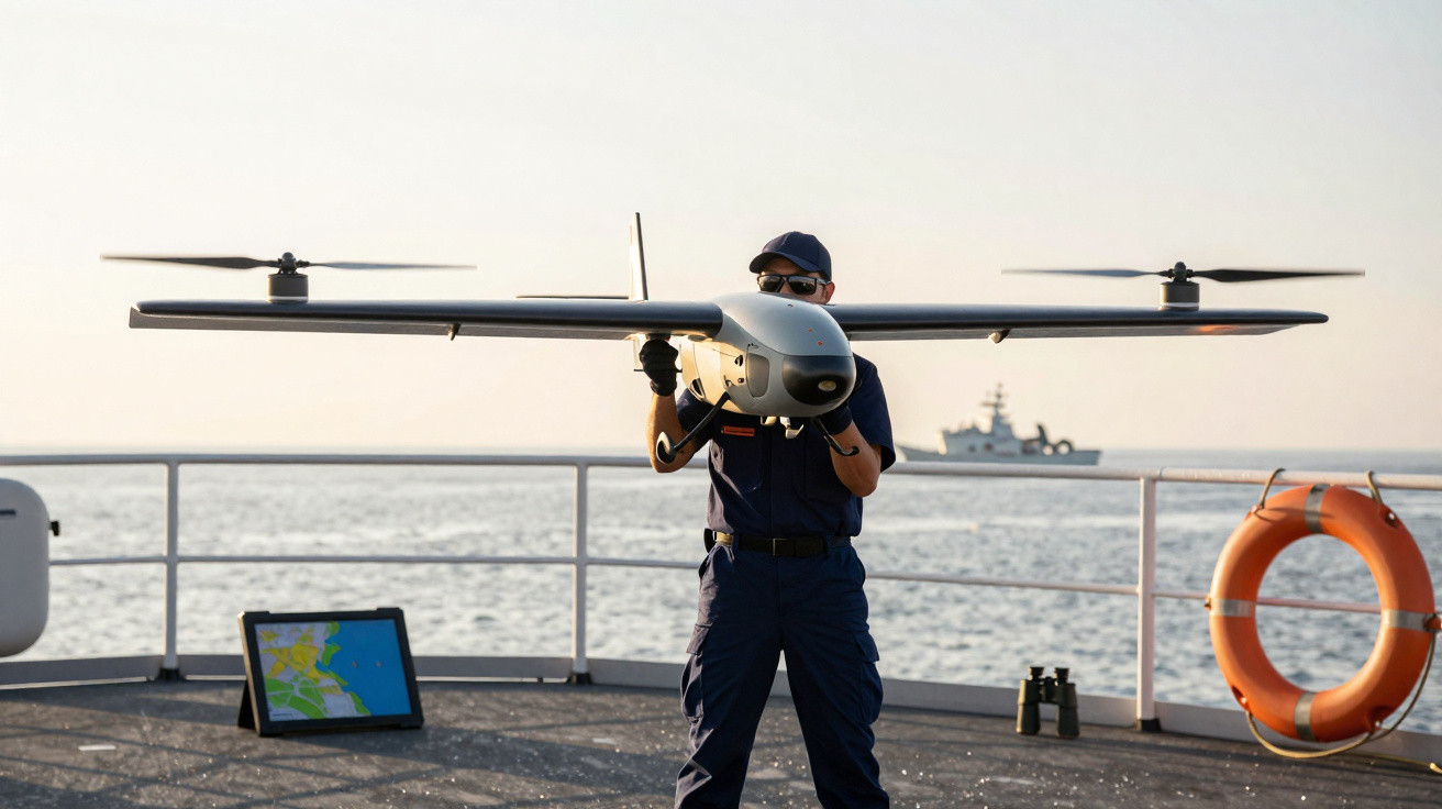 Militar em uniforme azul segura drone em embarcação no mar ao pôr do sol, com navio ao fundo e equipamentos visíveis.