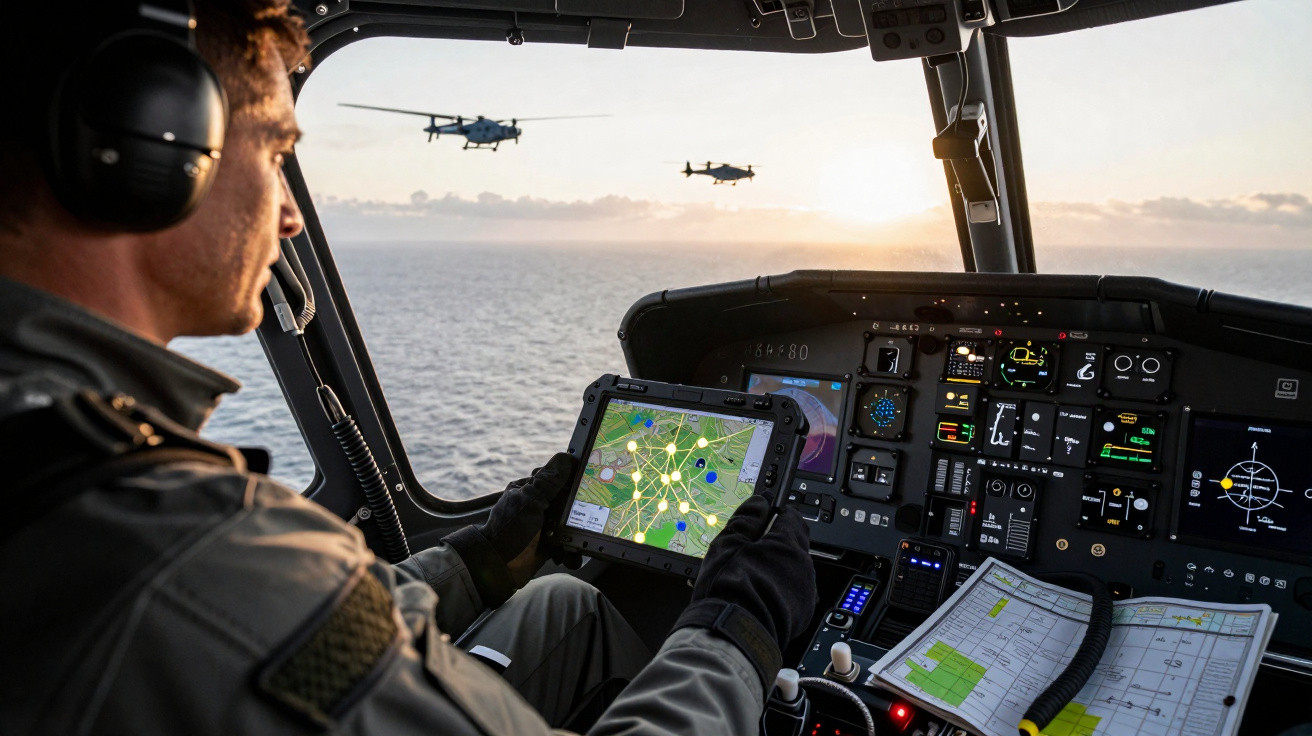 Piloto militar a operar tablet com mapa digital dentro de helicóptero, com vista para o mar e dois helicópteros no horizonte.