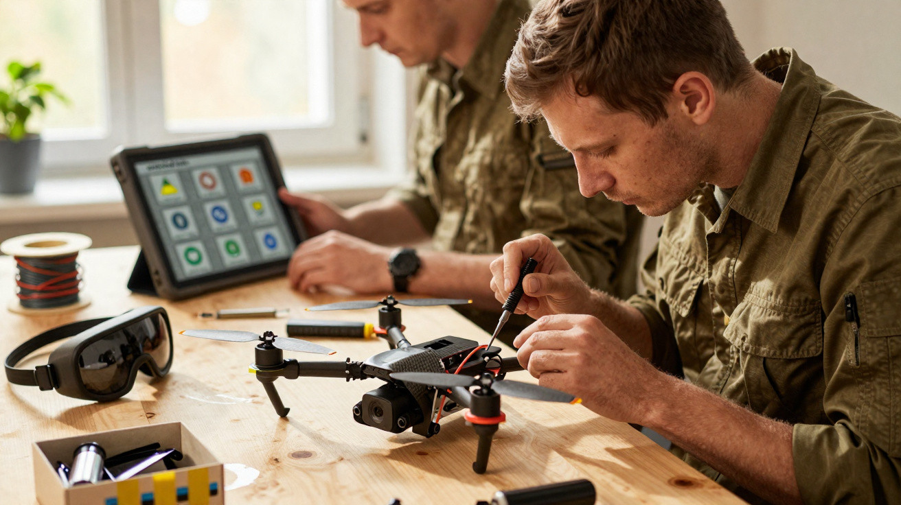 Dois homens em uniforme militar a montar e ajustar um drone numa mesa de trabalho com ferramentas e tablet.