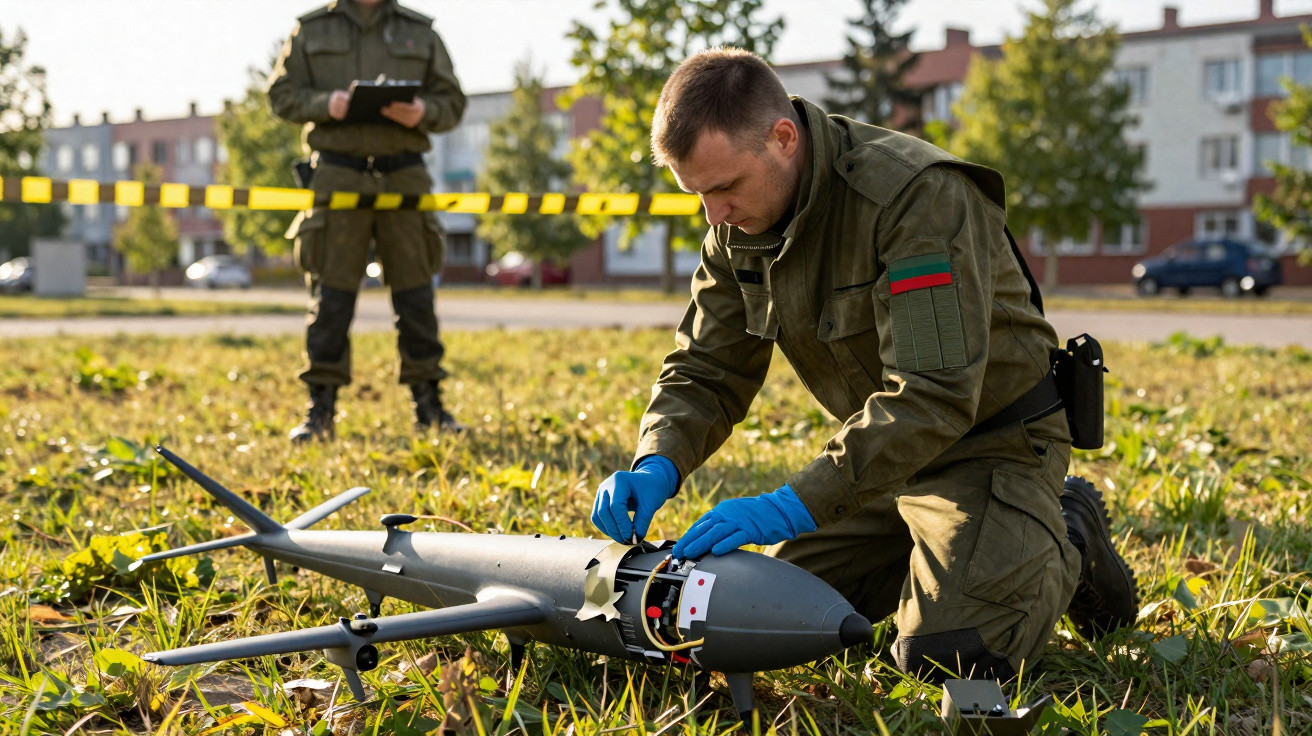 Militar com luvas azuis examina drone danificado numa área cercada por fita de segurança amarela.