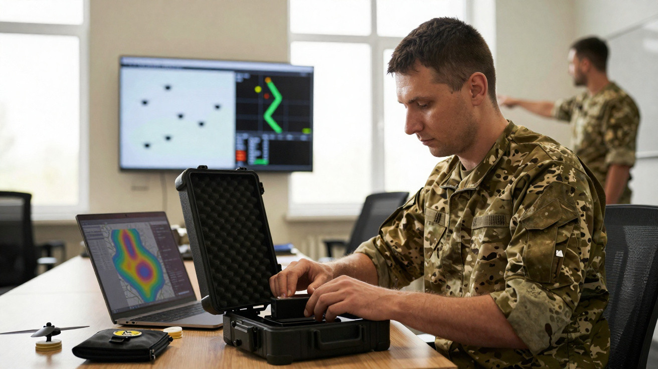 Militar em uniforme camuflado manuseia equipamento tecnológico em mesa com portátil e monitor ao fundo.