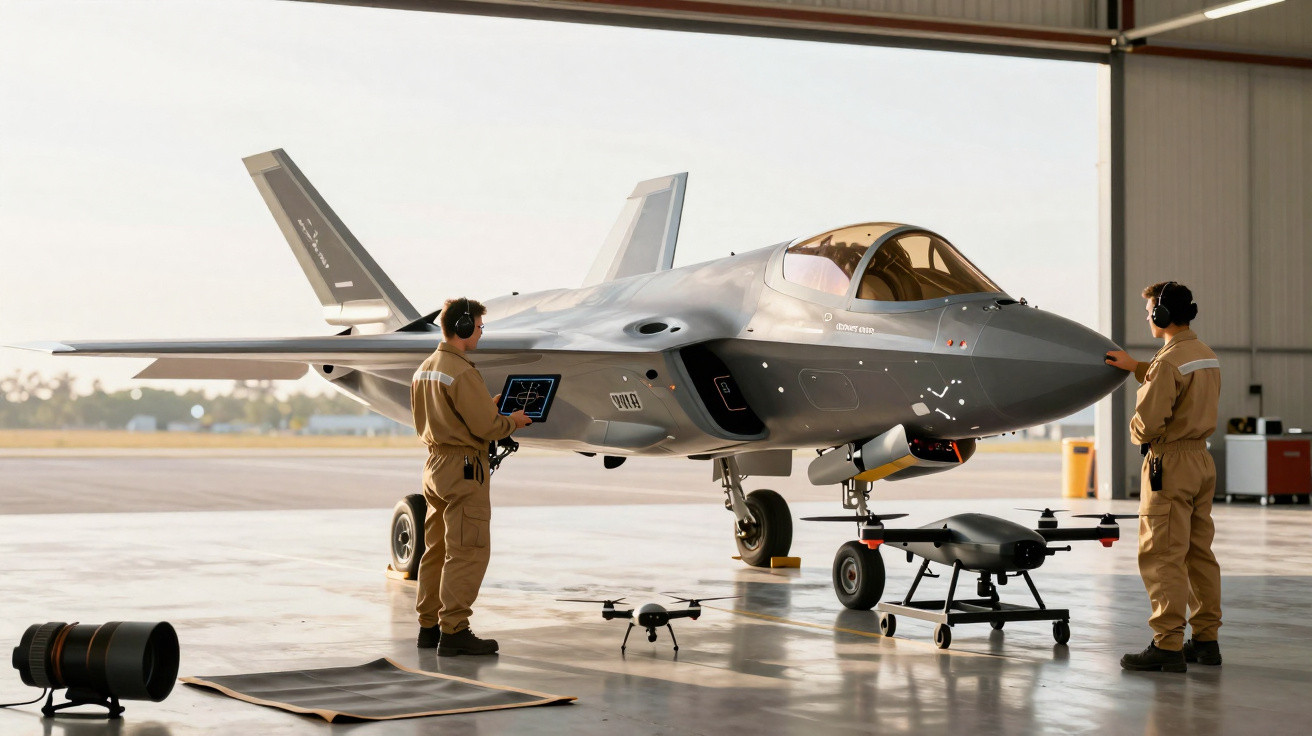Dois técnicos inspecionam um avião militar moderno dentro de um hangar, com drones ao chão.