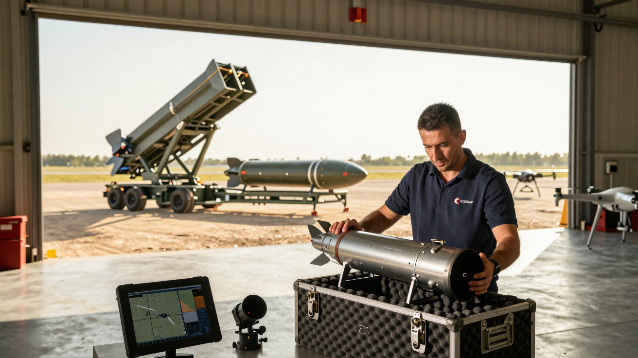 Homem a preparar dron militar numa caixa acolchoada dentro de armazém com equipamento militar e veículos ao fundo.