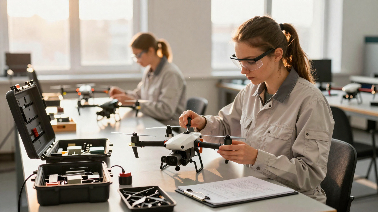 Duas mulheres em laboratório montam e inspecionam drones sobre mesas com ferramentas e dispositivos técnicos.