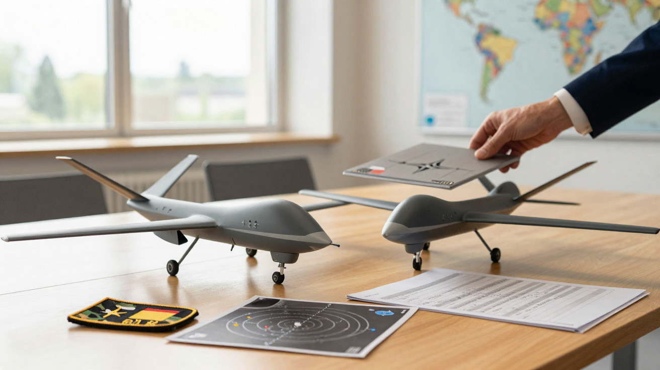 Duas miniaturas de drone cinzentas sobre uma mesa com documentos e uma mão a pegar um livro cinzento.