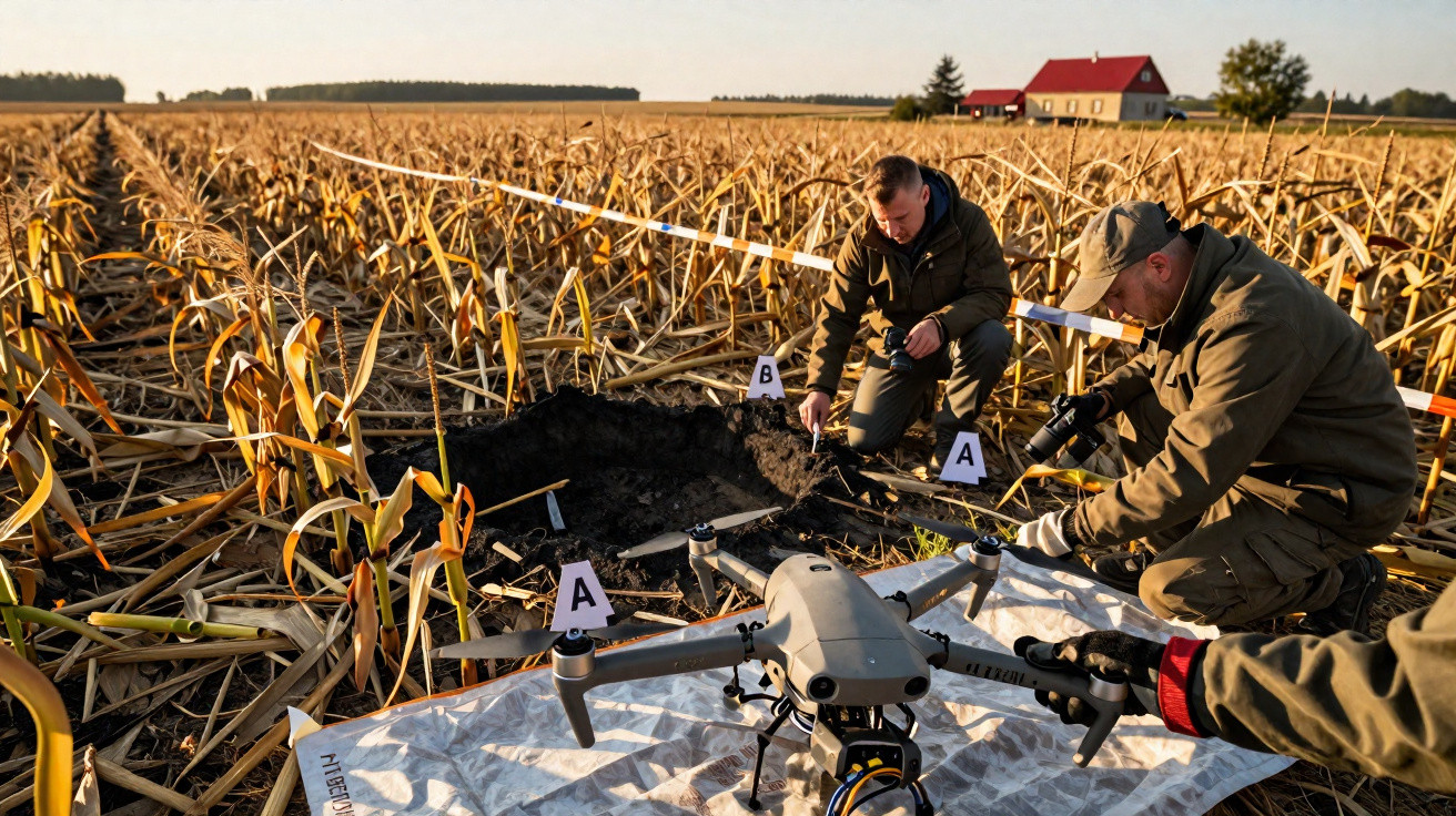 Campo de milho seco com investigadores a recolher provas ao lado de um drone e uma área assinalada no solo.