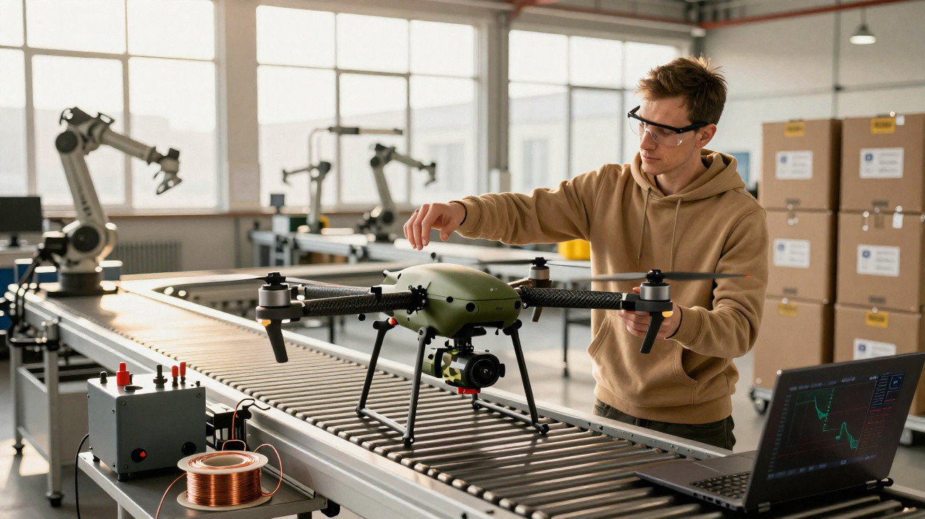 Homem a inspecionar um drone verde numa fábrica com máquinas e um computador portátil ao lado.