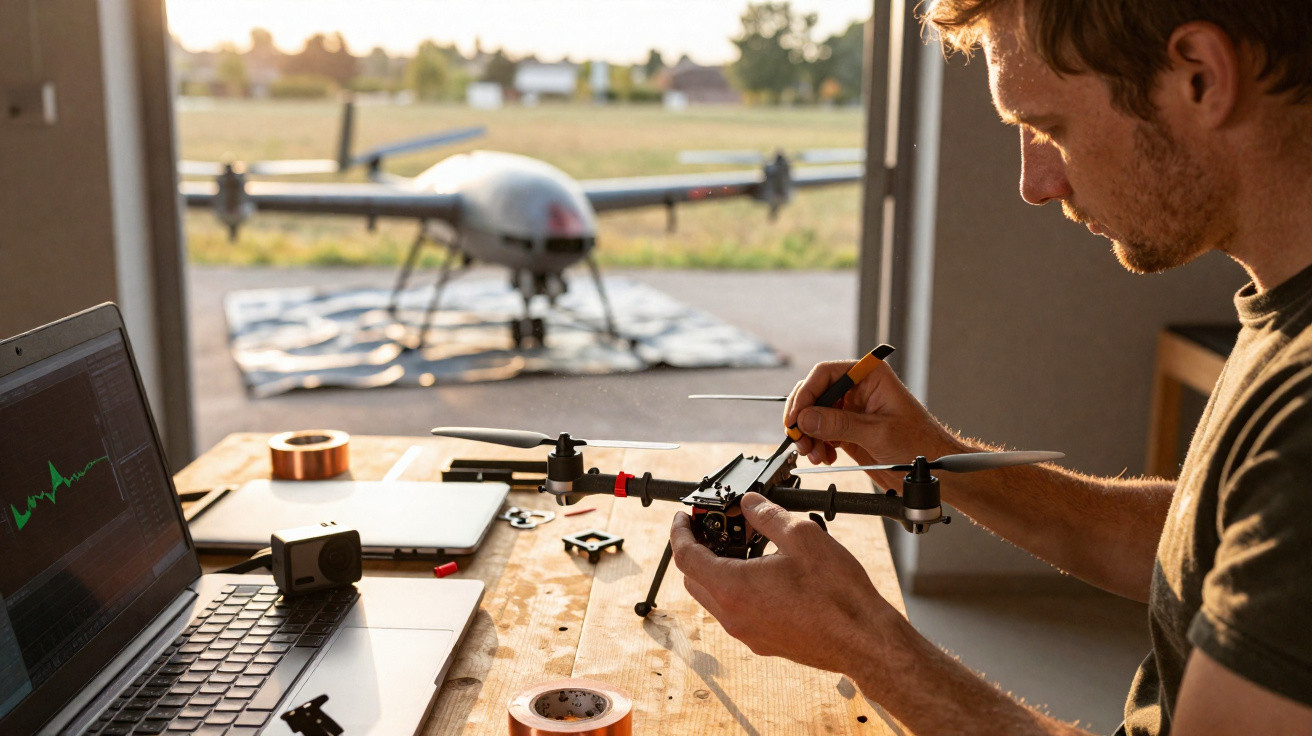 Homem a montar drone numa oficina com equipamento tecnológico e um drone grande ao fundo.