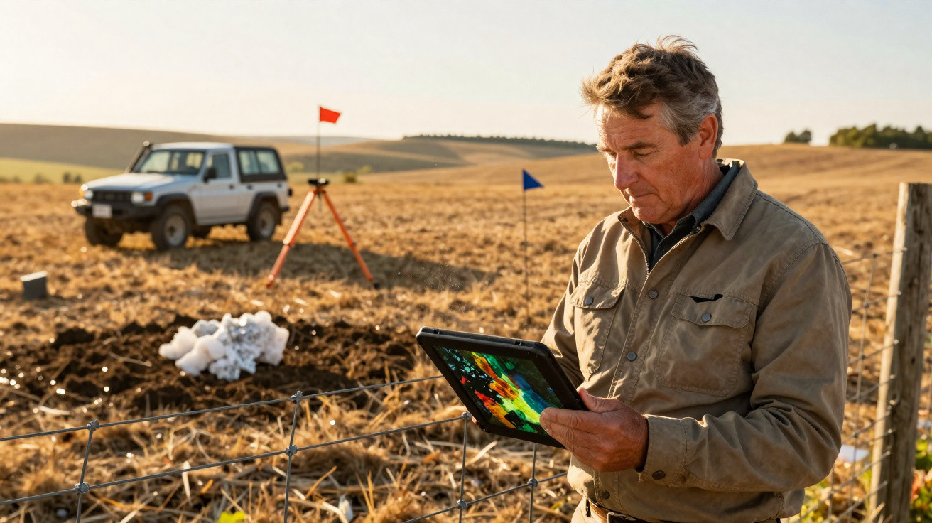 Homem em campo agrícola usa tablet para analisar dados enquanto veículo e equipamento de medição estão ao fundo.
