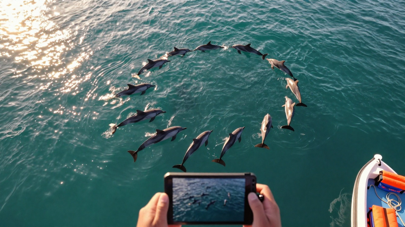 Golfinhos formam um círculo na água azul, fotografados de um barco ao pôr do sol.