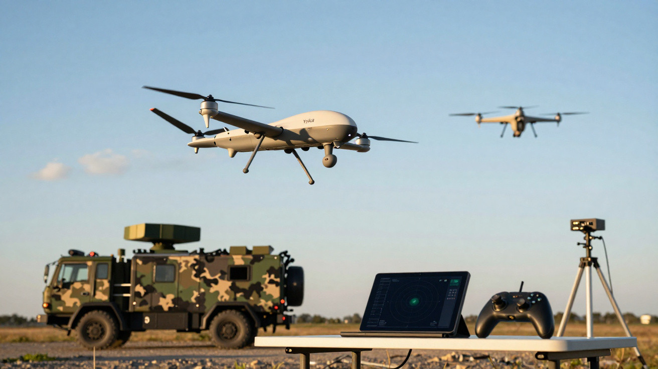 Drones militares em voo com veículo camuflado e estação de controlo num campo aberto ao entardecer.