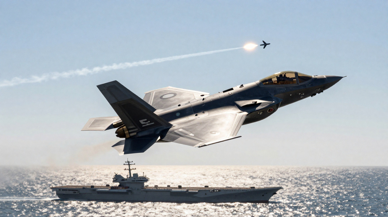 Caça F-35 a voar próximo a um porta-aviões no mar, lançando um míssil em direção a outro avião.