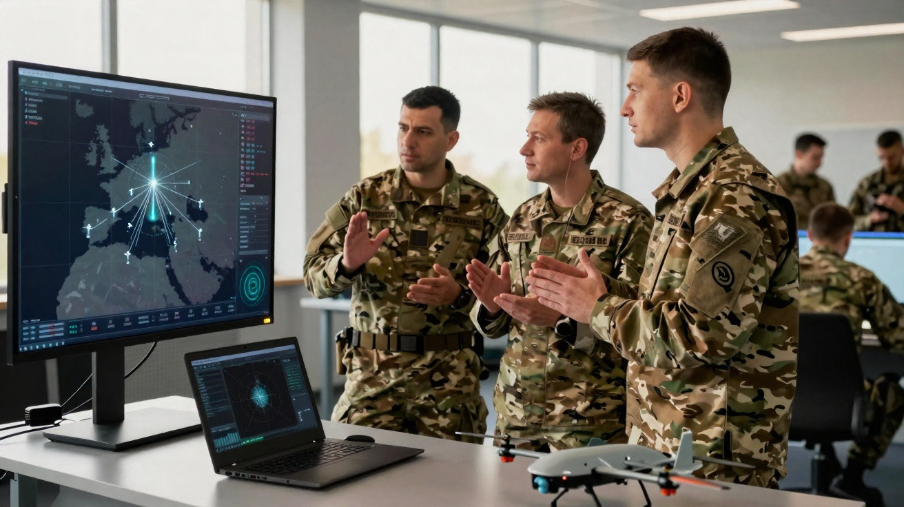Militares em uniformes camuflados observam e discutem mapa digital em monitor de escritório moderno.