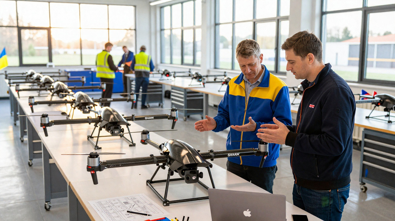 Instalação com vários drones sobre mesas, dois homens a discutir e a planear com computador portátil.