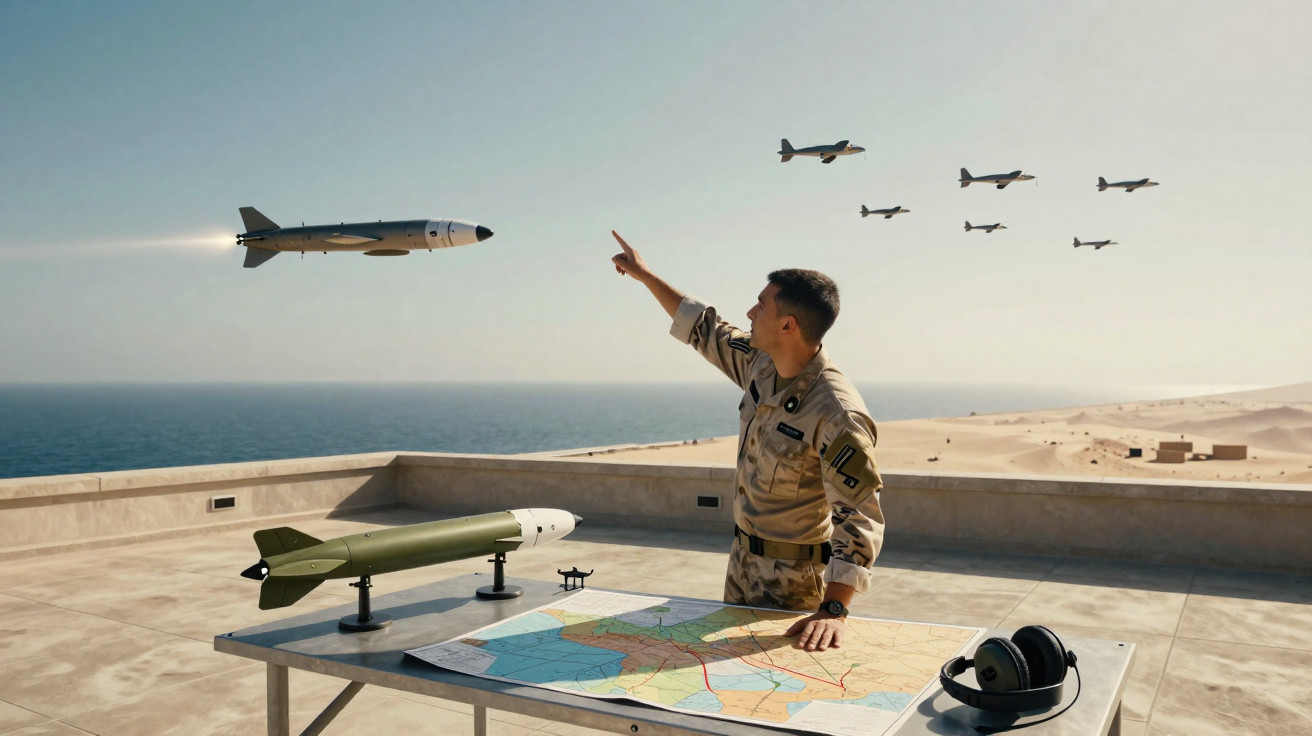 Soldado aponta para mísseis e drones voando sobre um mapa em mesa num terraço com vista para o mar.