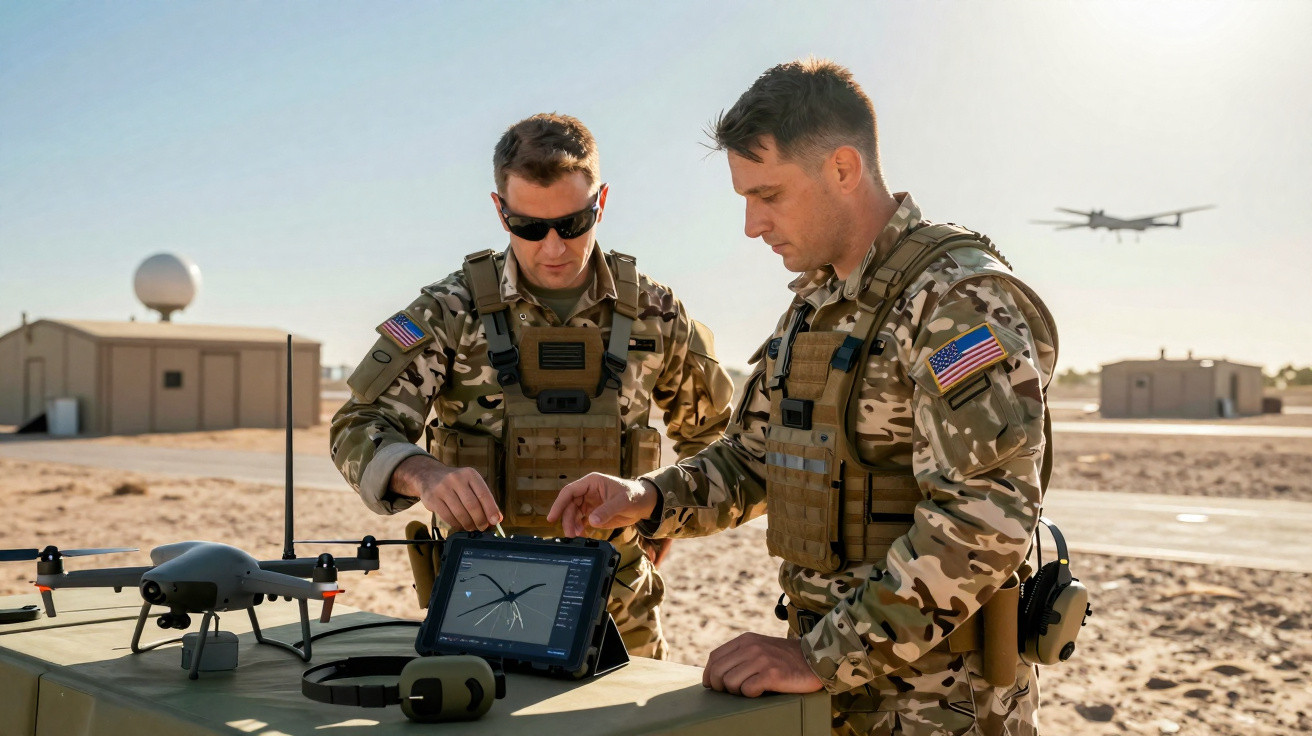Dois soldados americanos em uniforme camuflado operam um drone numa base militar no deserto.