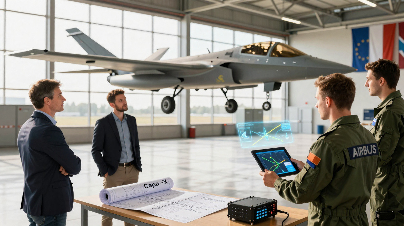 Dois engenheiros e dois militares junto a planta e tablet com holograma, no hangar, com avião militar suspenso.