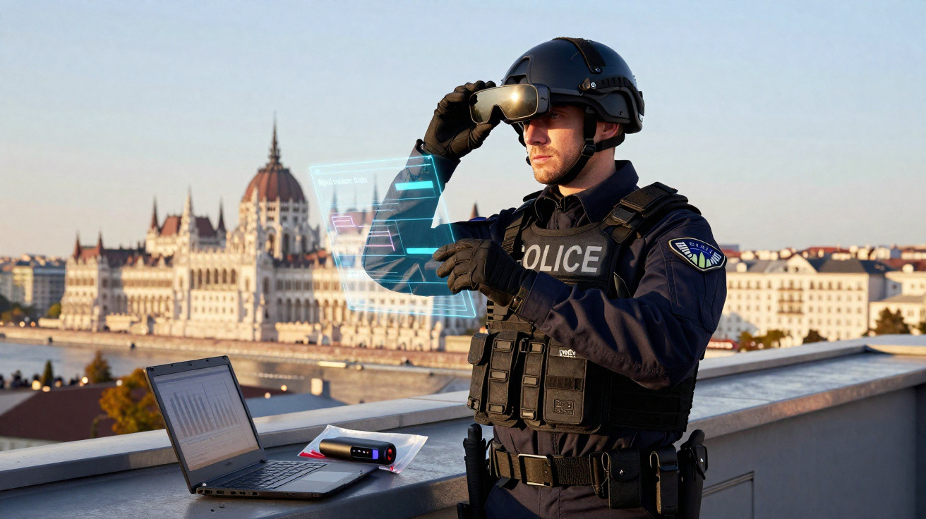 Polícia com equipamento tecnológico de realidade aumentada na cidade, laptop num parapeito próximo.