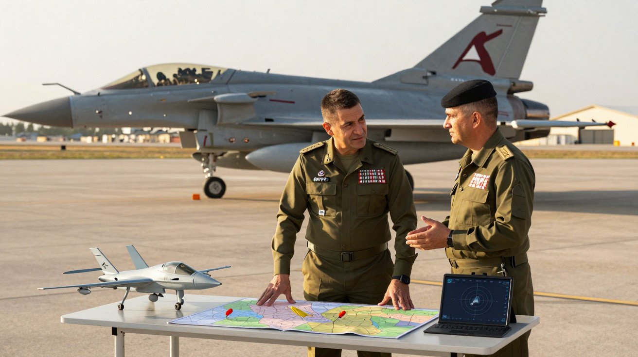 Dois militares em uniforme discutem plano tático com mapa, modelo de avião e portátil, com caça militar ao fundo.