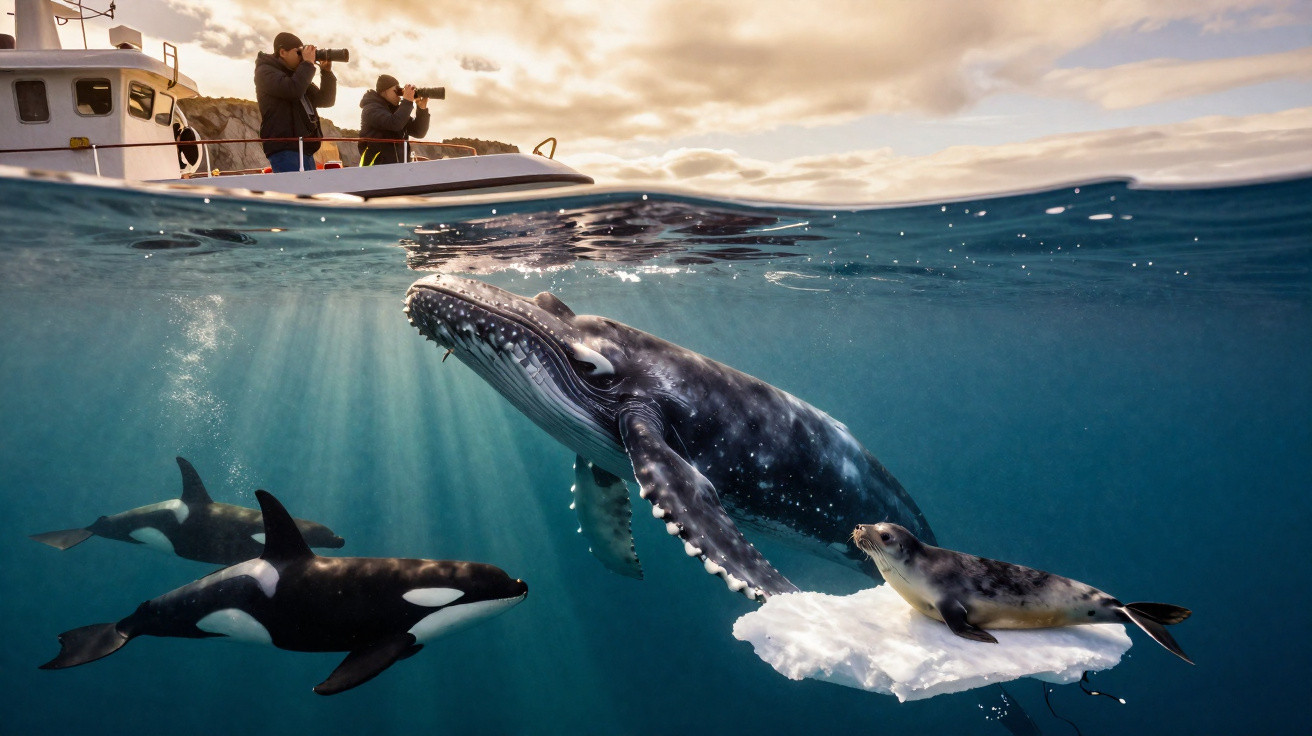 Baleia, orcas e uma foca em icebergue junto a um barco com fotógrafos no mar calmo.