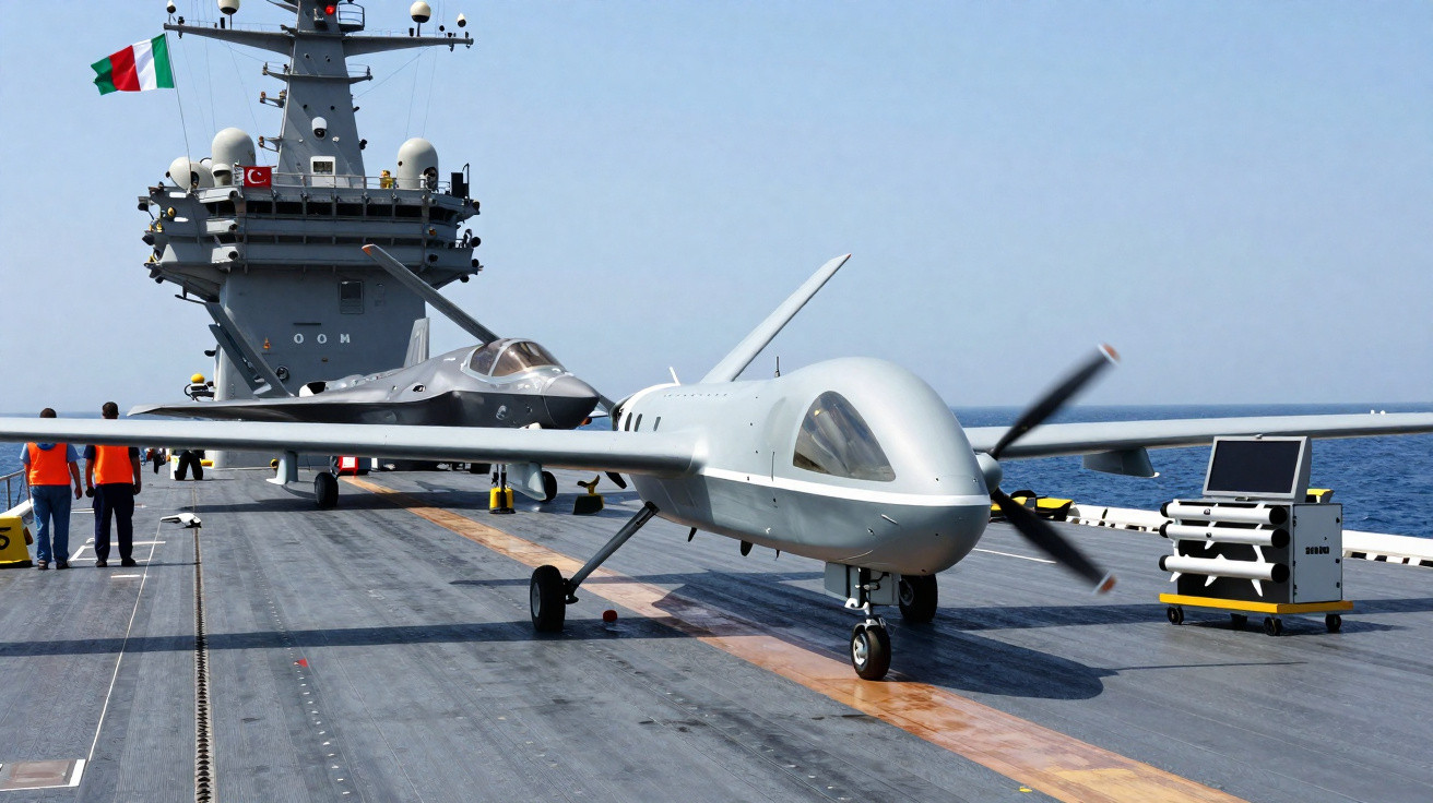 Drone militar com hélice no convés de um porta-aviões, com um caça e tripulantes ao fundo.