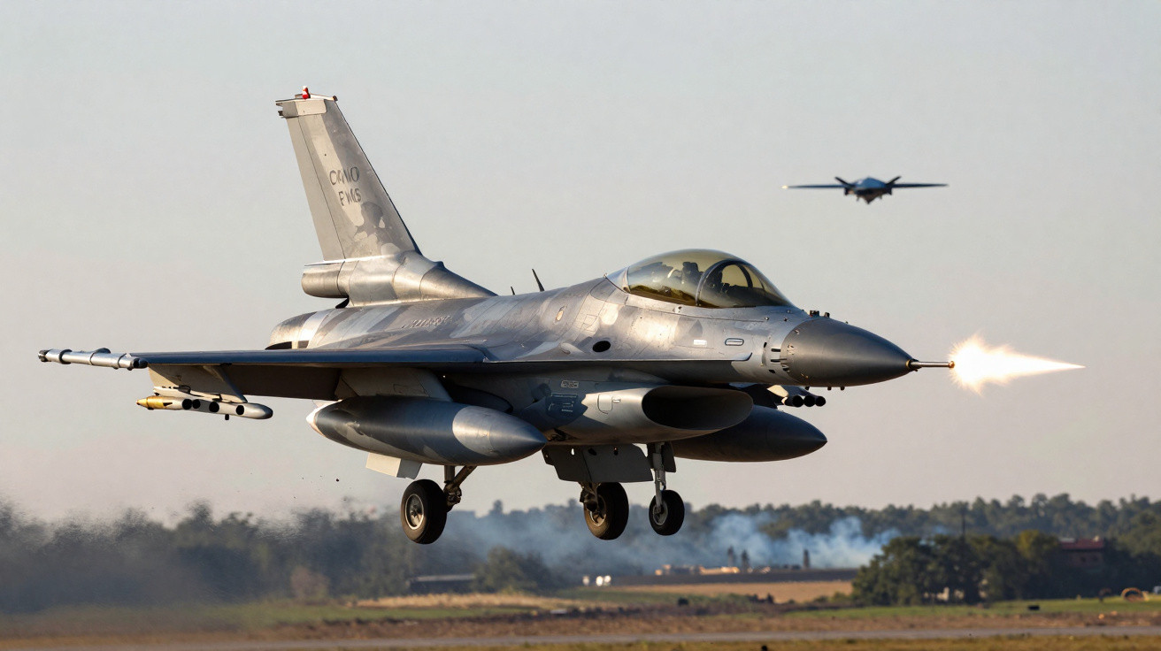 Caça militar F-16 a disparar de armamento durante voo baixo próximo ao solo.