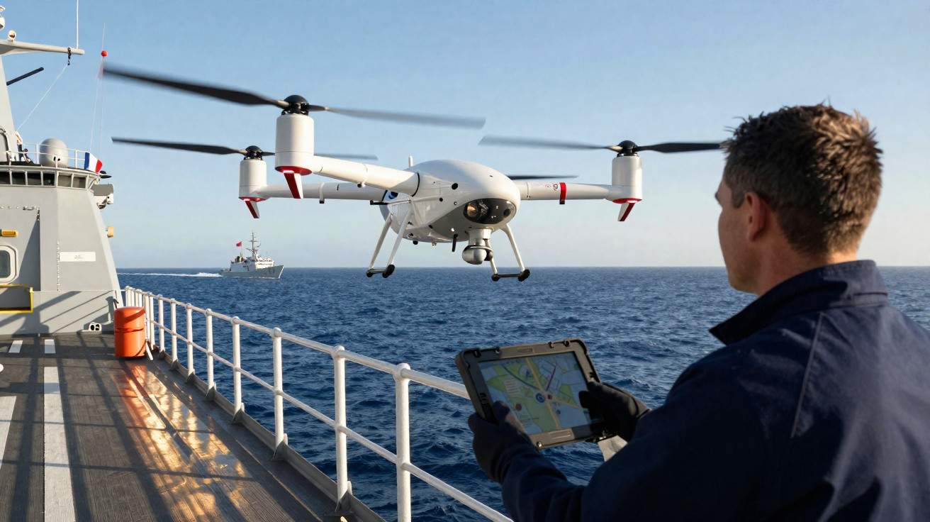 Homem a controlar drone com tablet a bordo de navio no mar com outro navio ao longe.