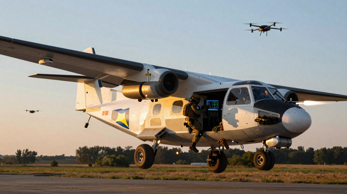 Avião militar branco com um soldado a entrar pela porta lateral e dois drones voando ao fundo.
