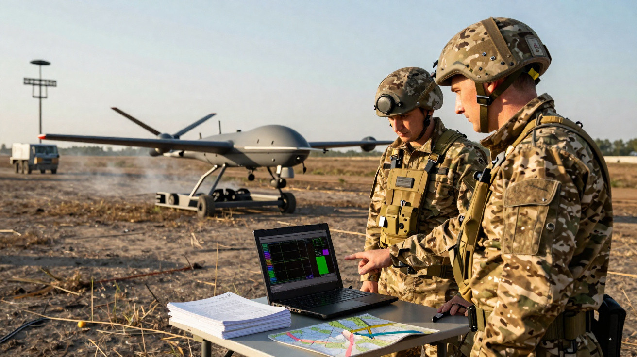 Dois soldados em uniforme camuflado operam drone militar com laptop e mapas numa base ao ar livre.