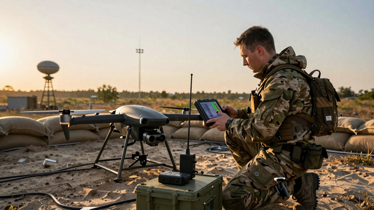 Soldado em uniforme camuflado a operar um drone numa base militar ao ar livre ao pôr do sol.