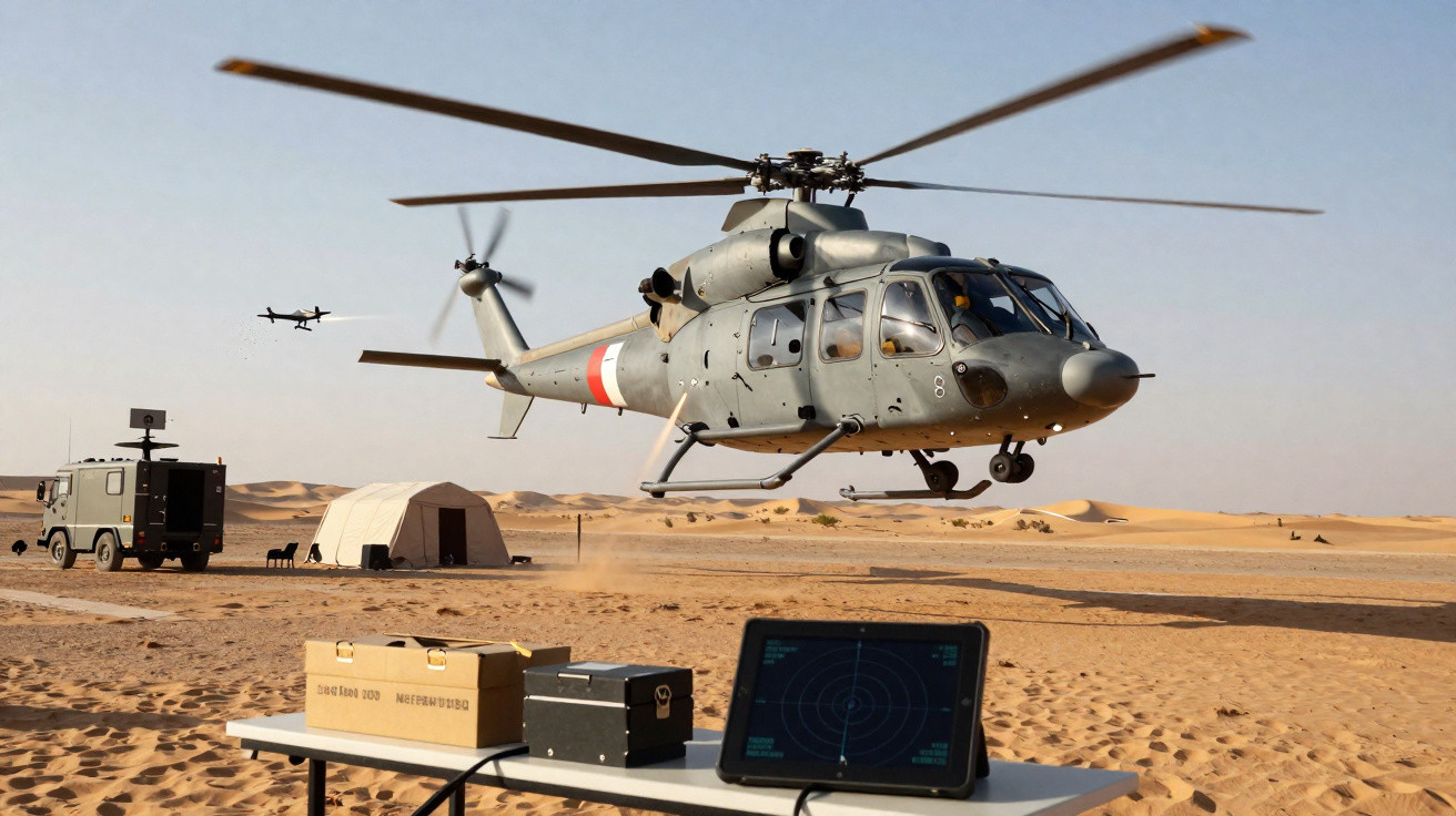 Helicóptero militar cinzento descolando no deserto com equipamentos eletrónicos e tendas ao fundo.