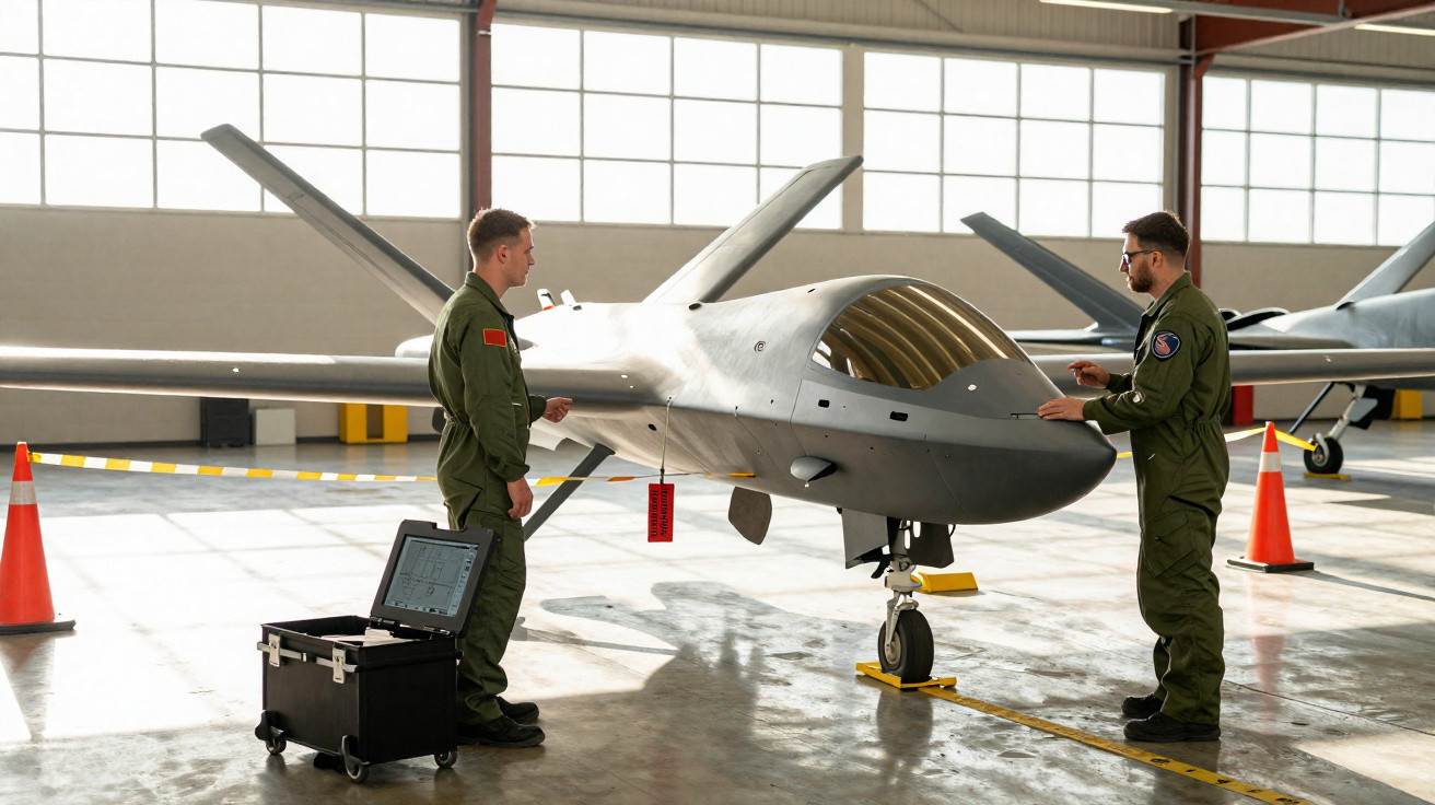 Dois militares inspecionam um drone militar cinzento num hangar espaçoso e iluminado.