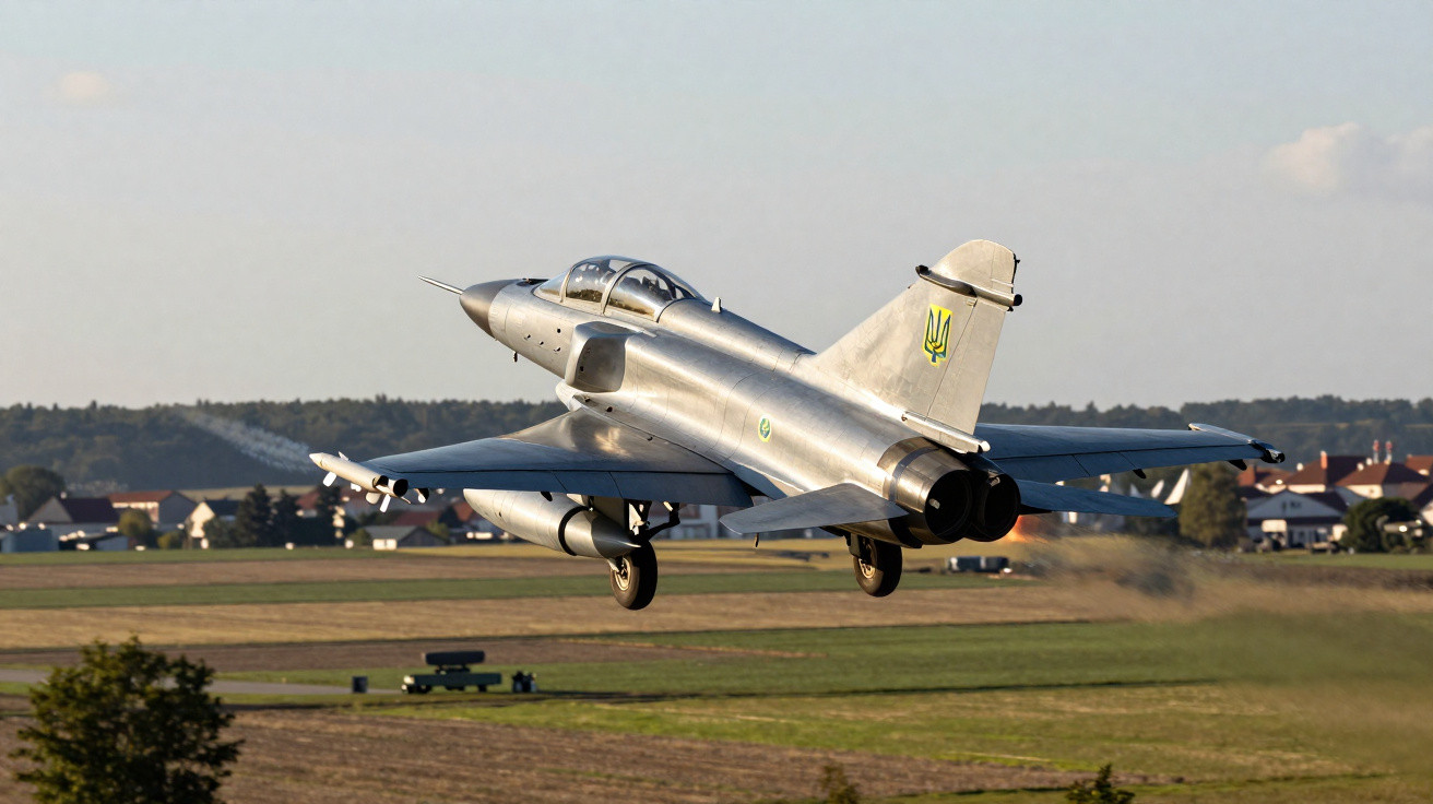 Avião militar a jato descolando num campo verde com casas e floresta ao fundo.