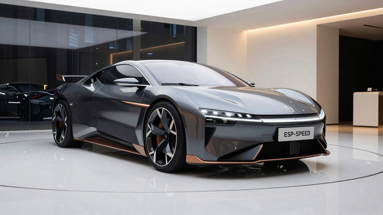 Carro desportivo elétrico cinza com detalhes em cobre numa sala moderna e minimalista.