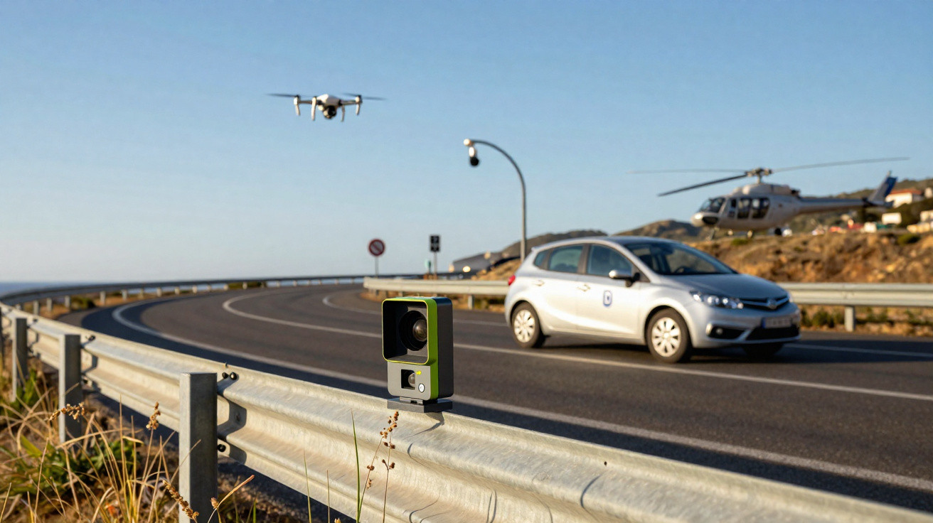 Radar de velocidade numa curva de estrada com carro, drone e helicóptero ao fundo.