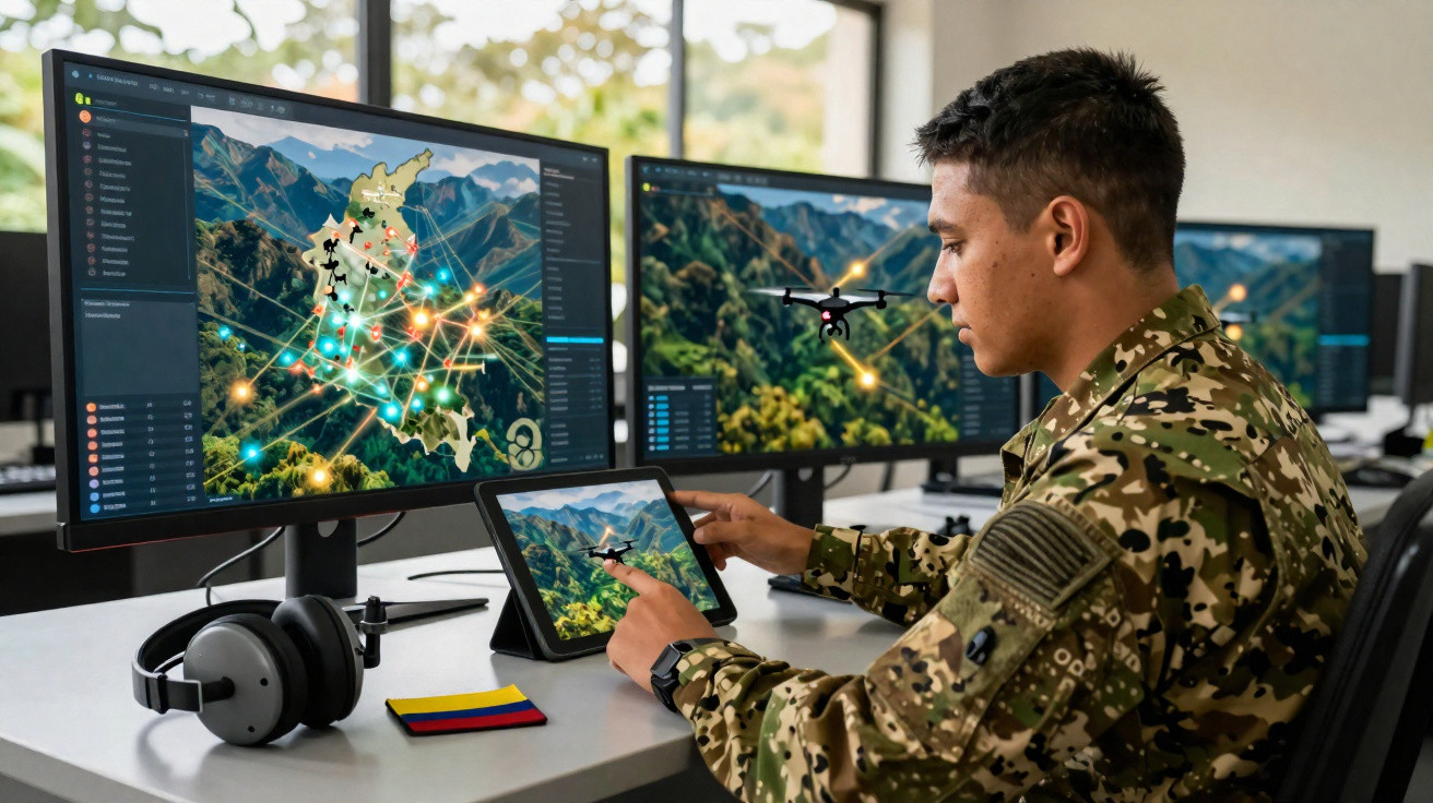 Militar a analisar mapas digitais e um drone em vários ecrãs num centro de comando moderno.