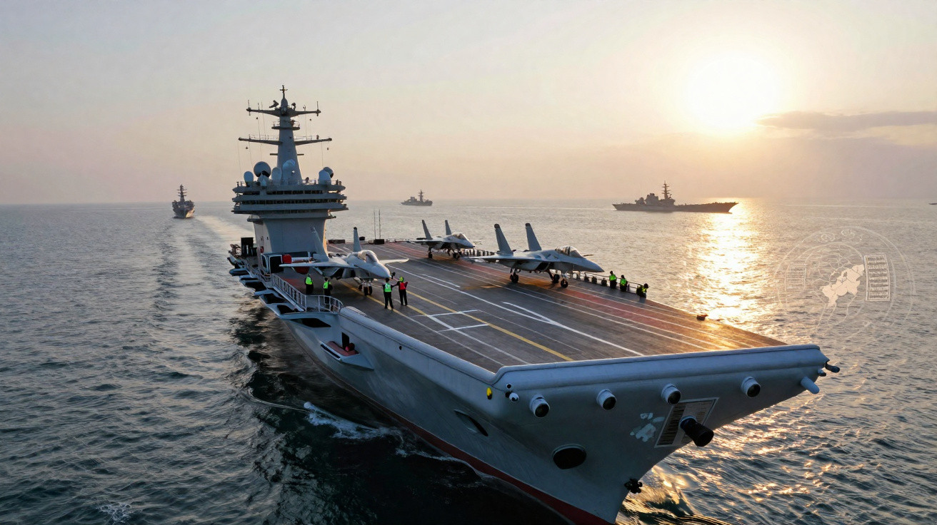 Porta-aviões naval com aviões na pista ao pôr do sol, acompanhado por outros navios no mar calmo.