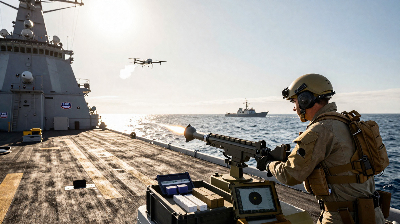 Soldado armado disparando contra um drone próximo no convés de um navio de guerra no mar.