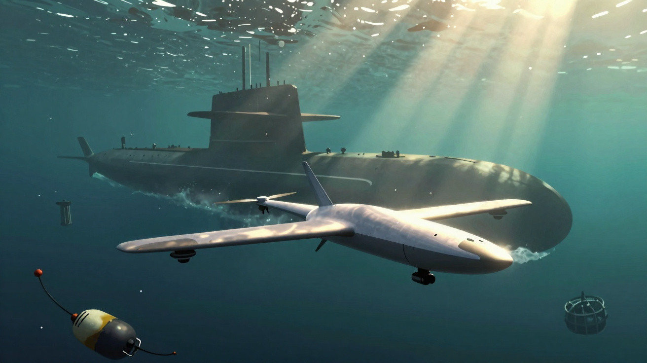 Submarino militar submerso acompanhado por drone e vários dispositivos de vigilância subaquática.