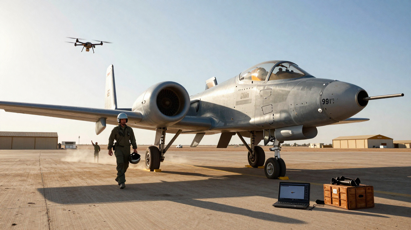 Avião militar A-10 no solo com piloto a pé e drone a voar num dia claro numa base aérea.